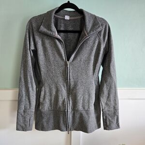 GapFit Grey Womans Full Zip Sweater Medium Zips From Bottom And Top, Thumb Holes